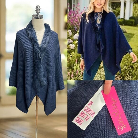 Lilly Pulitzer RAINIE SWEATER WRAP Jumper Cardigan Warm Faux Fur Collar Trim $27 - Picture 1 of 10